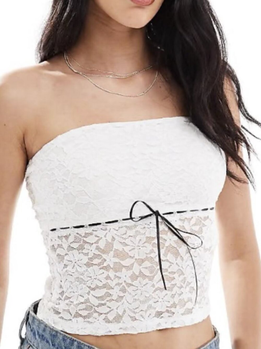 White lace strapless top with black tie ribbon